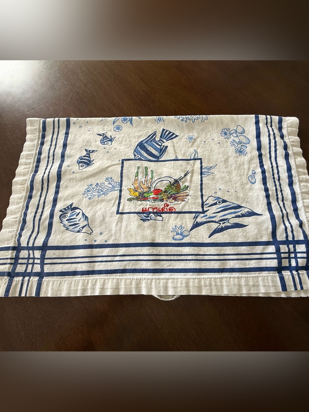 Vintage Thailand Embroidered Fish Tea Towel Coastal Nautical Kitchen Linen Blue